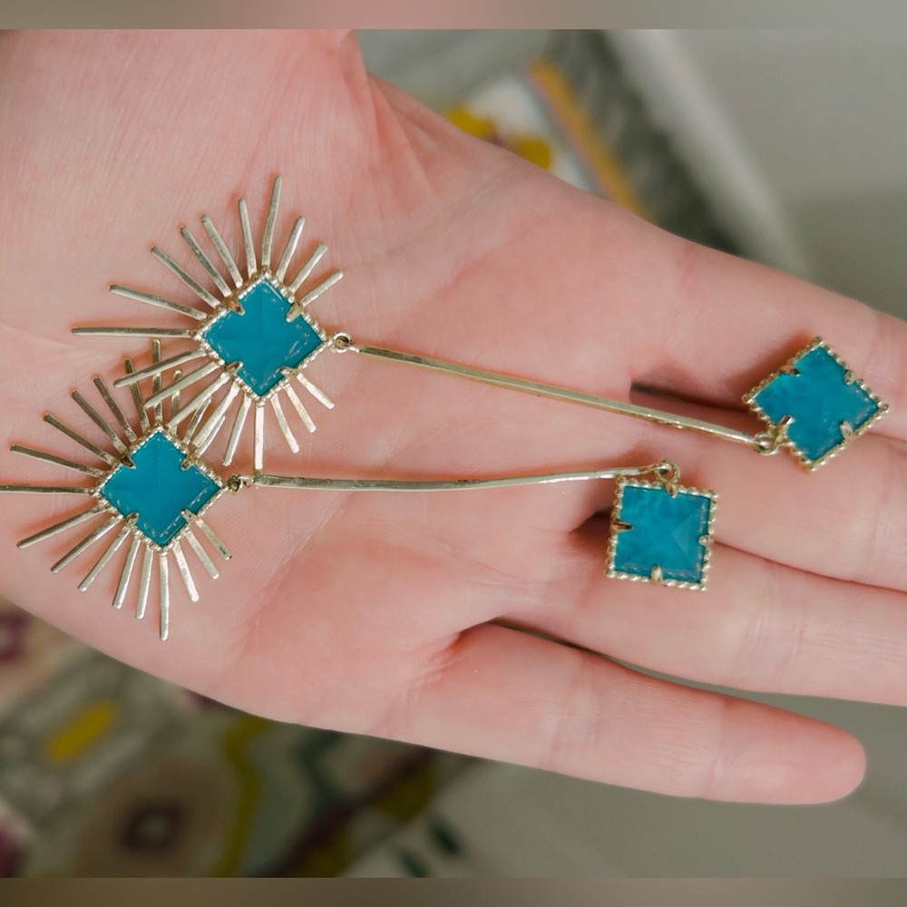Kendra Scott Vintage Gold and turquoise blue starburst drop Earrings - Picture 8 of 8